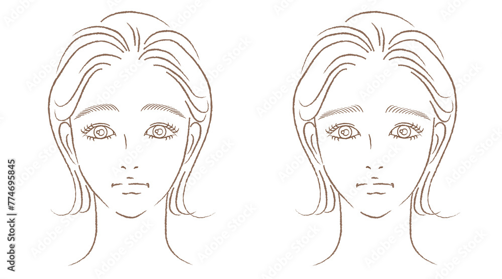 困った女性の顔アップのイラストセット　きれいめ手描き　線画のみ
