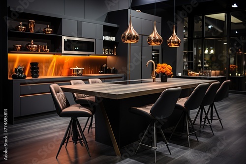 stylist and royal Modern kitchen interior in black colors, space for text, photographic