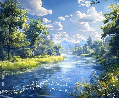 A Serene River Scenery on a Sunny Day Generative AI