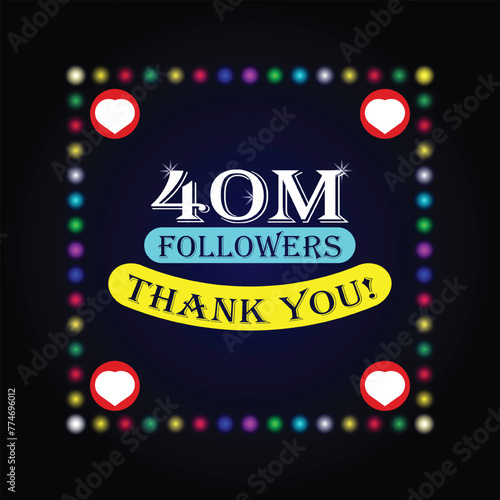 40M followers thank you greeting card with colorful lights on dark background. Colorful design for social network, social media post background template. photo