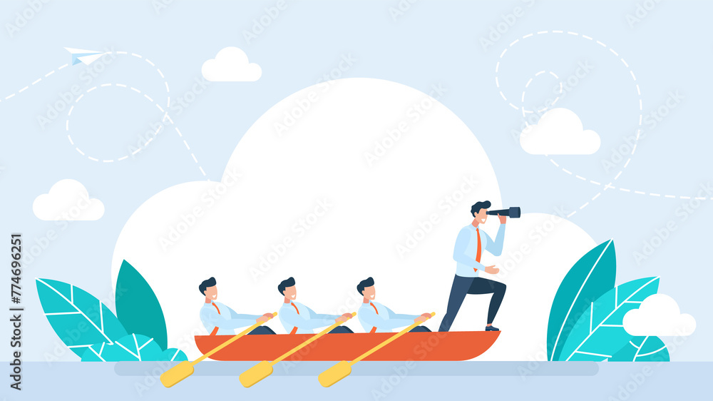 Leadership to lead business in crisis, teamwork or support to achieve target, vision or forward strategy for success. People in boat. Businessman Leader looking through telescope. Flat illustration Leadership to lead business in crisis, teamwork or support to achieve target, vision or forward strategy for success. People in boat. Businessman Leader looking through telescope. Flat illustration