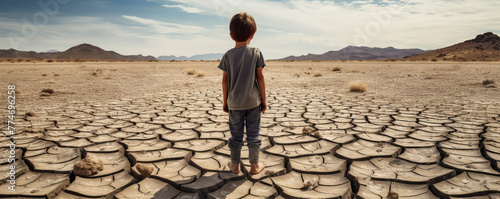 Small boy standing on dry lake or land. enviroment concept. cracked earth panorama photo. photo
