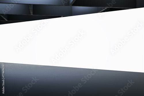 Sleek minimalist stage with striking white backdrop in a dark exhibition hall. Mock up. 3D Rendering photo