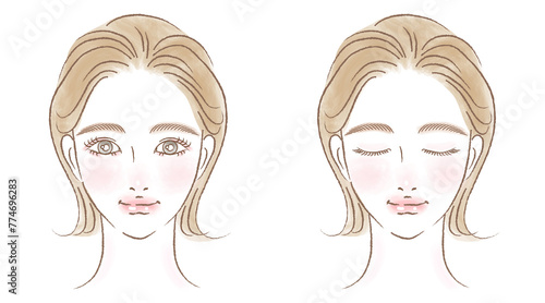 女性の顔アップのイラストセット きれいめ手描き 水彩風
