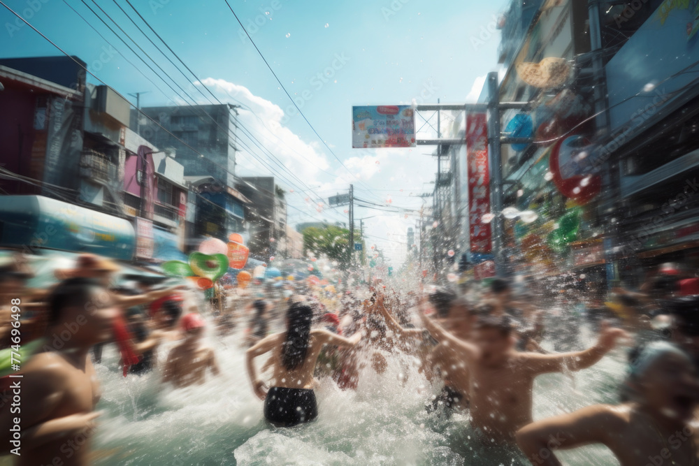 Thai people and tourist playing water and having fun at Songkran festival, Water festival, The tradition Thai new year - obrazy, fototapety, plakaty 