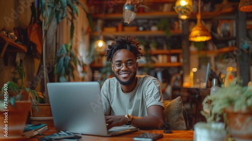 Portrait of a smiling young man working on laptop while sitting in a cafe photo