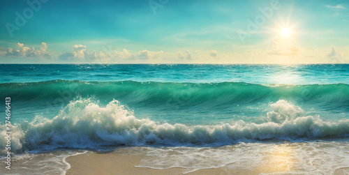 Turquoise sea and blue sunny sky background