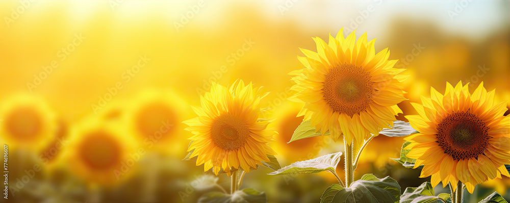 Fototapeta premium Yellow sunflower against sunflowers background.