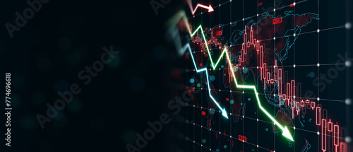 Digital stock market graph with downtrend arrows depicting a financial crisis, on a dark background with a concept of economy collapse. 3D Rendering photo