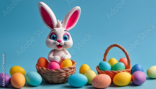 Animated Bunny Figure Surrounded by Colorful Easter Eggs on a Vibrant Blue Background © DigitalMuseCreations
