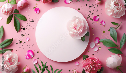 circular, round white empty frame on pastel pink  background with floral leaf decoration, copy space,  message banner. Happy Mother's Day greeting card, color full © Pixel Vest