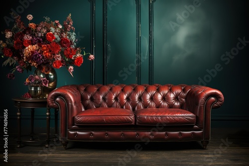 stylist and royal Red chesterfield sofa with green wallpaper background, space for text, photographic
