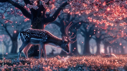 Horned deer graze in a field surrounded by cherry trees that glow at night. © suteeda