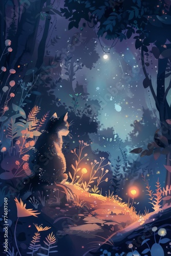 Cat Sitting in Forest at Night