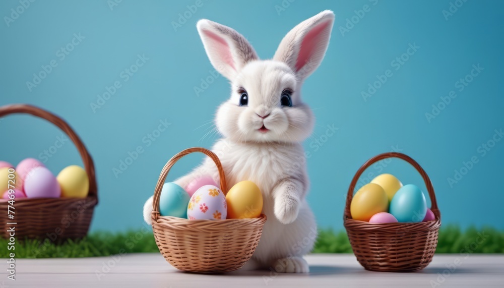 White Rabbit Sitting Next to Basket of Eggs White Rabbit Sitting Next to Basket of Eggs
