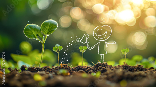 Joyful Sketch Watering Young Plants