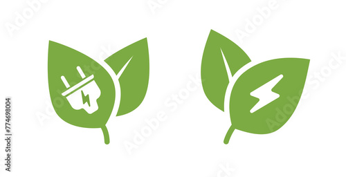 Green energy plug icon logo, electric bio eco renewable power leaves sign symbol silhouette simple pictogram graphic set, natural organic leaf technology with lightning bolt logotype image clipart