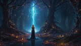 A lone woman in a dark forest conjures a spellbinding arc of light, creating a contrast between the mystical and the natural.. AI Generation