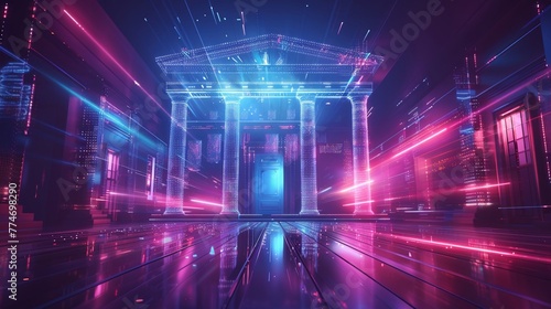 Virtual banking, holographic user interfaces, futuristic bank illustration, secure and hightech financial institution environment , sci-fi tone, technology © Phawika