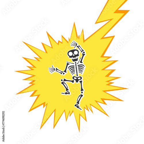 Skeleton electric shock by high voltage or lighting electrocuted caution silhouette flat style design vector illustration. A funny human skeleton had an electric shock or lightning strike.