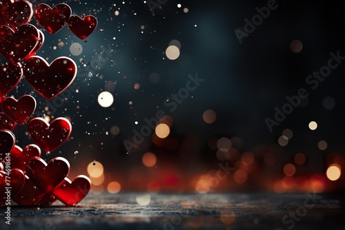 stylist and royal valentines day background with red hearts glitter bokeh on black