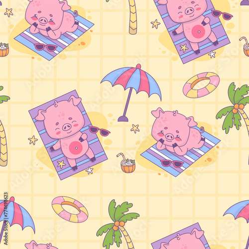Seamless pattern with beach pigs beachgoer with cocktail and rubber circle on yellow checkered background with palm trees. Cute funny kawaii animal character. Vector illustration