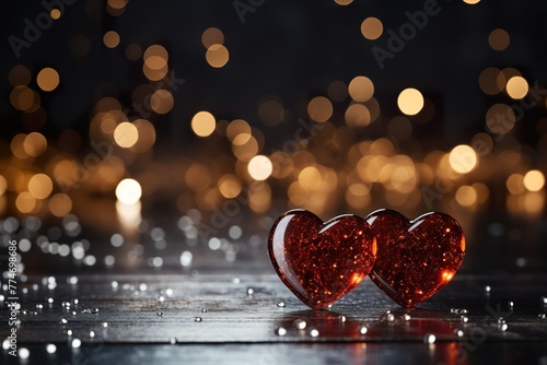 stylist and royal valentines day background with red hearts glitter bokeh on black
