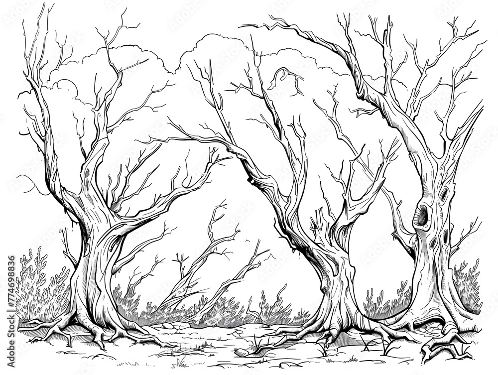 Fototapeta premium line work for coloring book, no color, dead trees from the roots