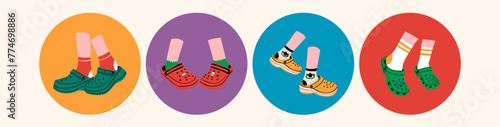 Set of four pairs of female legs wearing Crocs in a colorful circle. Trendy vector illustration.