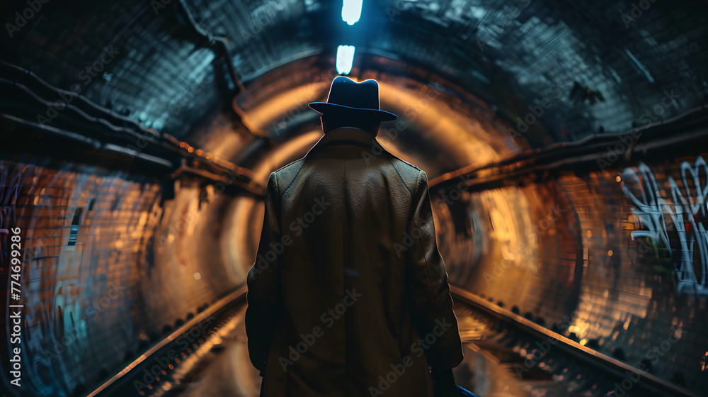 Fototapeta premium Vintage Chic detective man over coat in the underground world of professional hide and seek