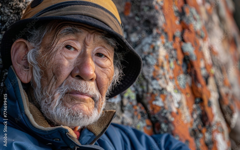 A man with a hat and beard is sitting on a rock. He looks tired and lonely. The rock is covered in moss and has a rough texture A man with a hat and beard is sitting on a rock. He looks tired and lonely. The rock is covered in moss and has a rough texture