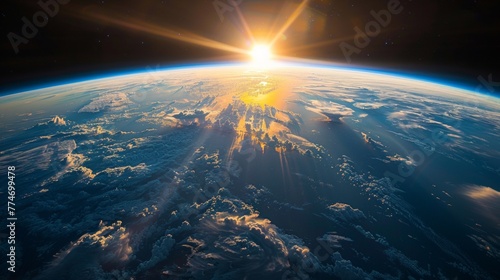 The sun is shining brightly over the earth from space  AI