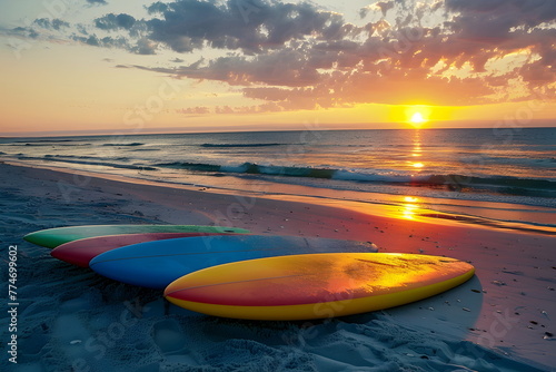 Surfboards lying on the sand of a beach during sunset