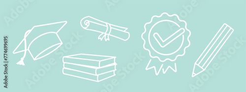 back to school, set of simple school icons, white outline, hat, scroll, books, pencil, medal, graduation symbols, graduation ceremony drawing clip-art, doodle vector elements