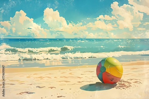 Colorful beach ball on sandy shore. Retro style. Summer vacation and travel concept. Vintage illustration for print  design  poster with copy space