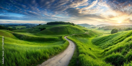 Panoramic Landscape Of Road Through Green Grass Field With Cloudy Sky, Natural Landscape, Summer Landscape, Spring Landscape
