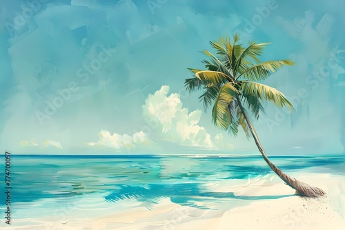 Single palm tree on tranquil beach. Landscape with panoramic view. Summer vacation and travel concept. Retro style. Vintage illustration for print, design, poster with copy space © dreamdes