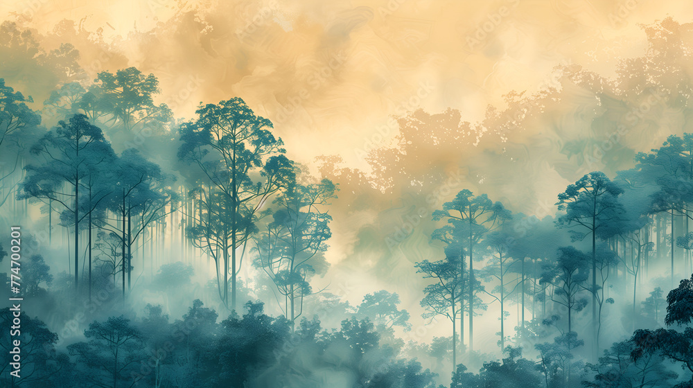 Foggy forest with tall trees in the style of green and blue - obrazy, fototapety, plakaty 