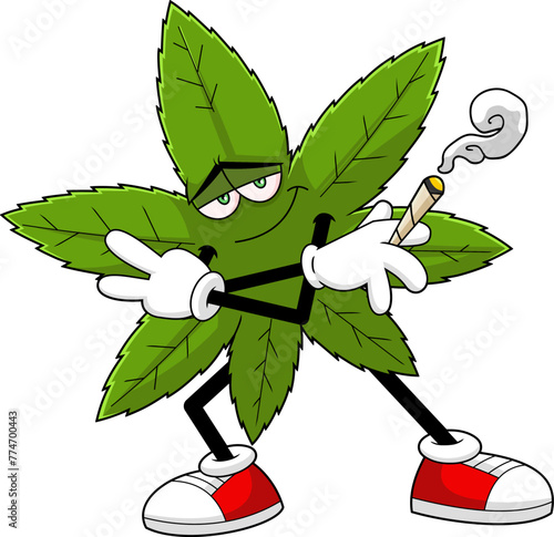Smiling Marijuana Leaf Cartoon Character With A Joint Danced. Vector Hand Drawn Illustration Isolated On Transparent Background