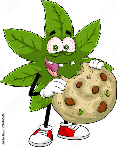 Happy Marijuana Leaf Cartoon Character Eat Cannabis Cookies. Vector Hand Drawn Illustration Isolated On Transparent Background