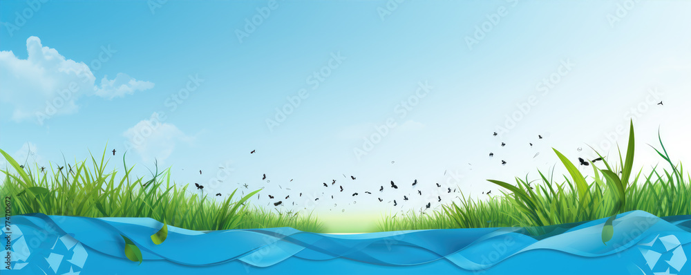 Eco green paper texture landscape. Blue sky and green grass wide banner. copy space for your text.