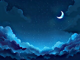 A dark blue night sky with clouds in the style of cartoon