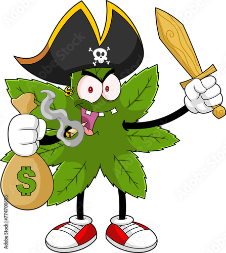Marijuana Leaf Pirate Cartoon Character With Money Bag And Sword. Vector Hand Drawn Illustration Isolated On Transparent Background