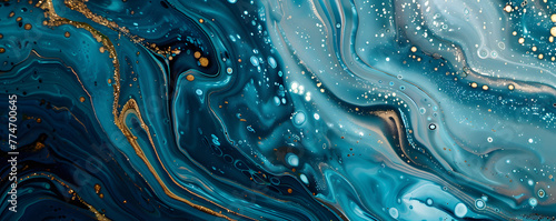 A top-down view of an abstract painting with swirling patterns in shades of blue