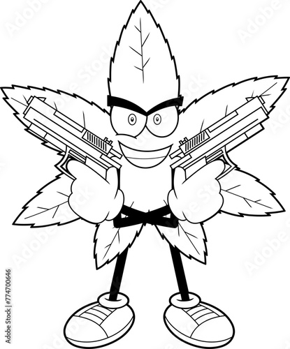 Outlined Smiling Marijuana Leaf Cartoon Character With Two Guns. Vector Hand Drawn Illustration Isolated On Transparent Background