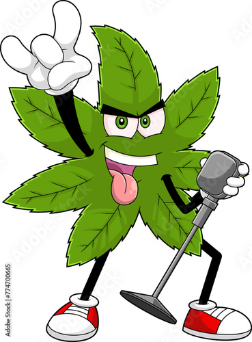 Funny Marijuana Leaf Rock Star Cartoon Character. Vector Hand Drawn Illustration Isolated On Transparent Background