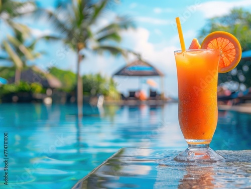 Refreshing tropical fruit cocktail by the pool vacation mode on