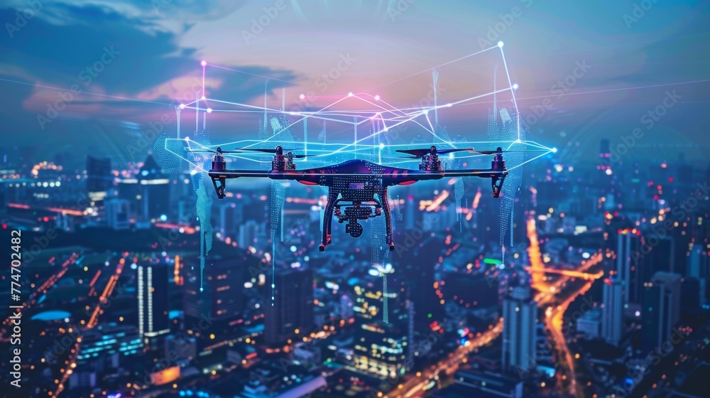 Obraz premium Autonomous Drone in Flight Over a Cityscape at Twilight