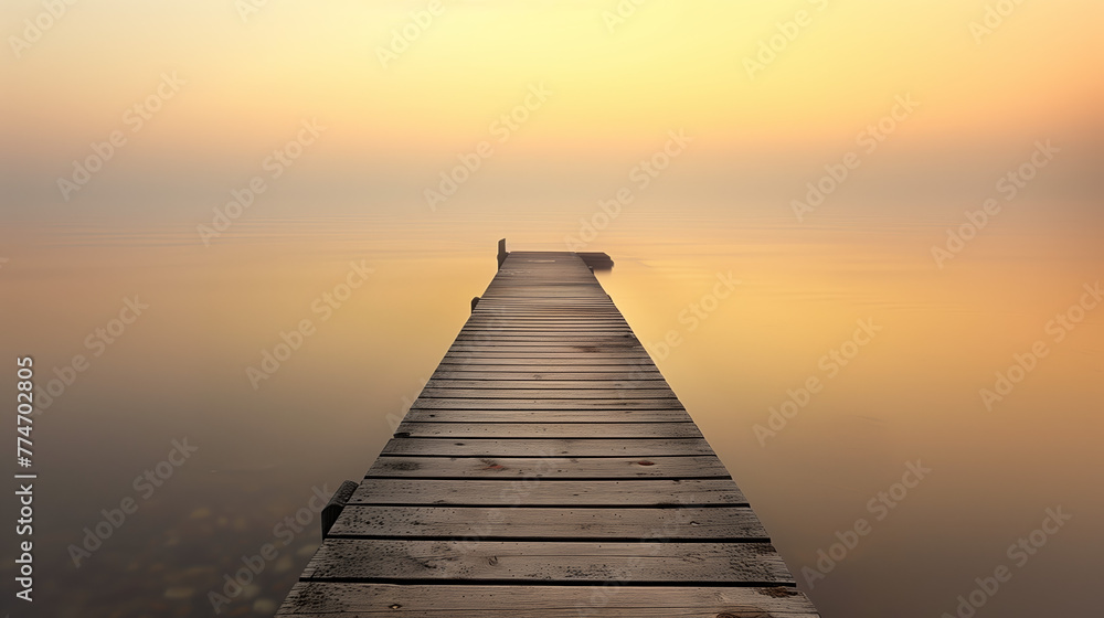 Serene Sunrise Over Wooden Pier. A tranquil wooden pier extends into calm waters under a soft sunrise glow. - obrazy, fototapety, plakaty 