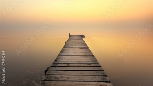 Serene Sunrise Over Wooden Pier. A tranquil wooden pier extends into calm waters under a soft sunrise glow.